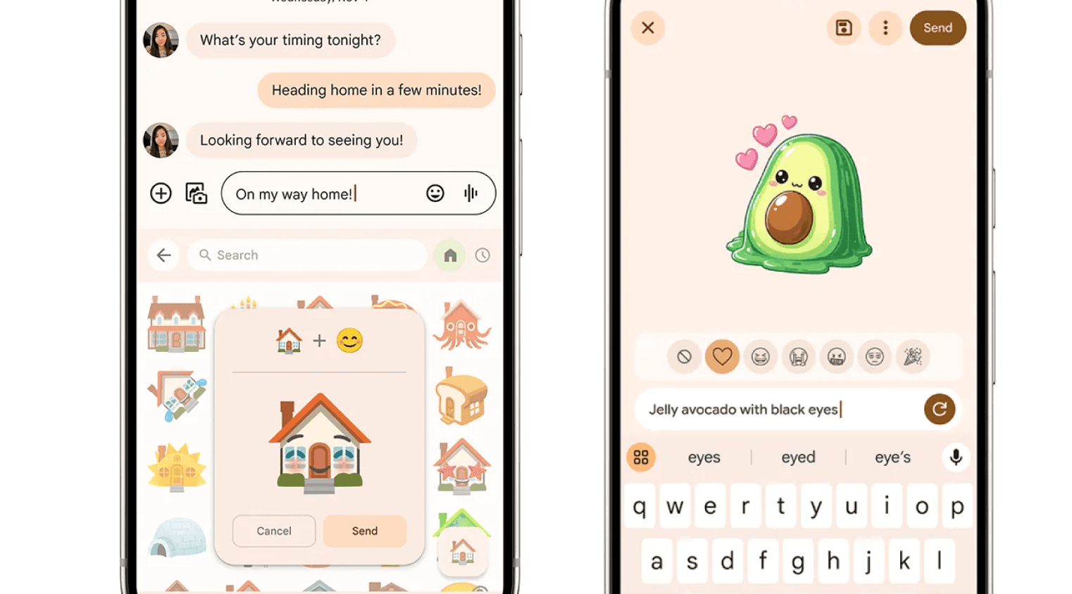 Two phones side by side — Gboard Emoji Kitchen browse with house combinations, and a GenAI sticker creation interface with an avocado heart-eyes sticker