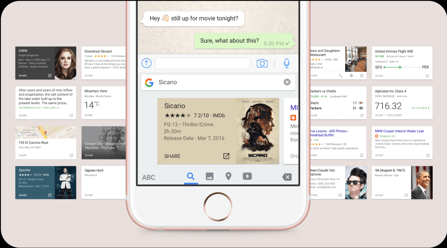 iPhone with Gboard keyboard pulled up showing a Google Search card for a movie