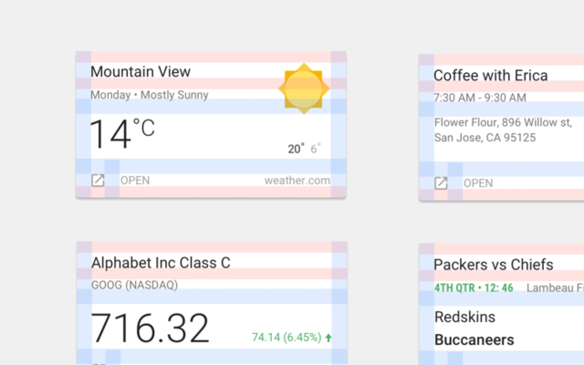 Modular Small Card examples: Mountain View weather, Coffee with Erica, Alphabet stock, Packers vs Chiefs sports score