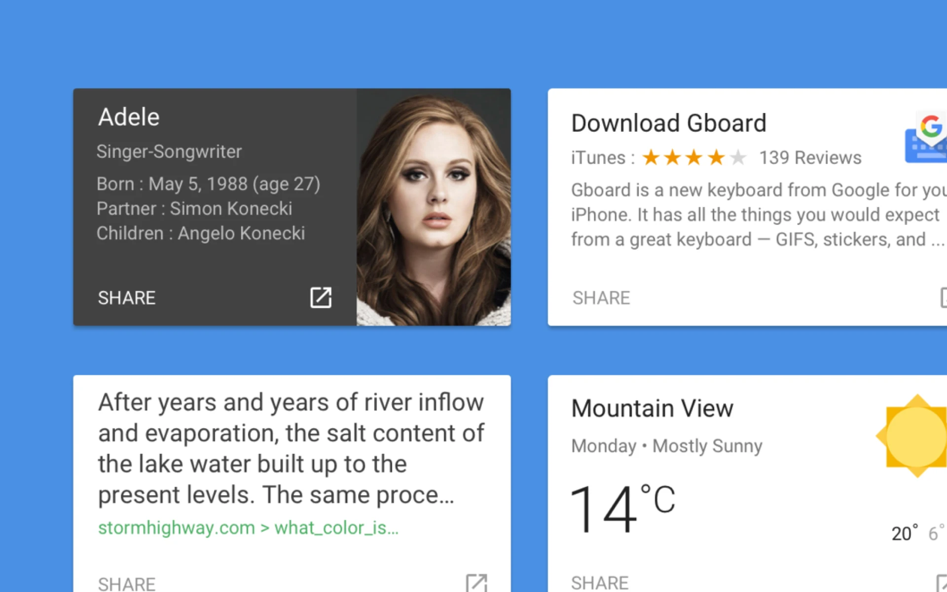 More Gboard cards: Adele singer profile, Download Gboard from iTunes, weather, news article preview