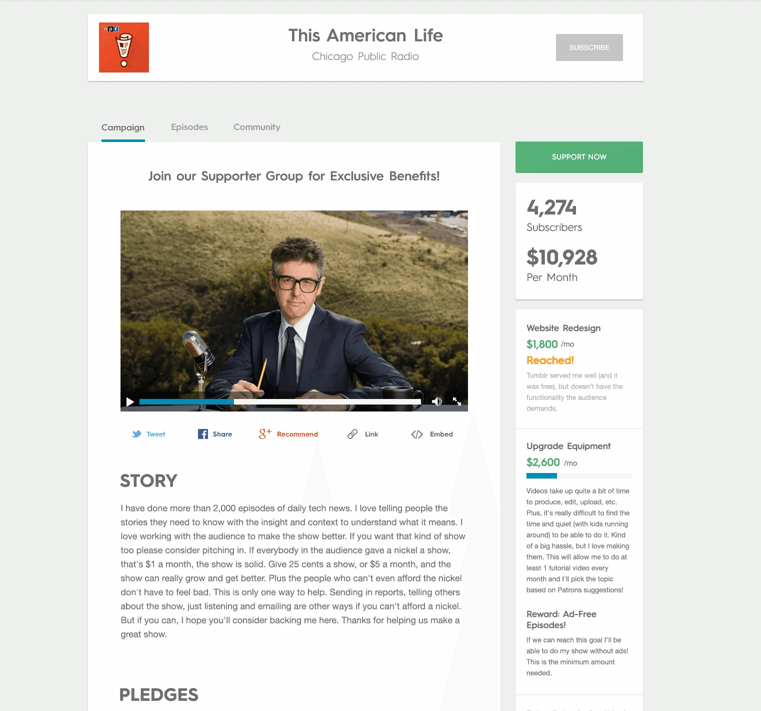 Joyride platform showing the This American Life sponsor group and pledge tiers