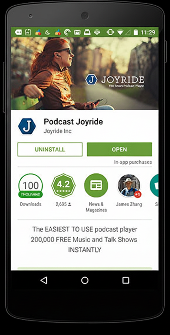 Joyride mobile app shown on a phone — podcast cards with ratings