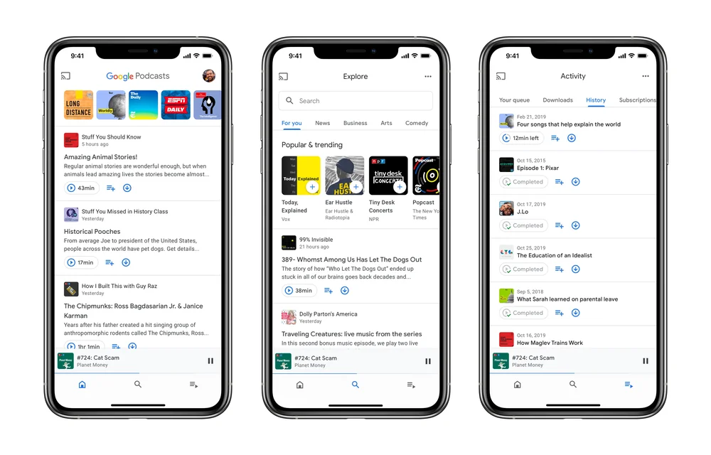 Three phone screens showing Google Podcasts For You, Explore, and Activity tabs