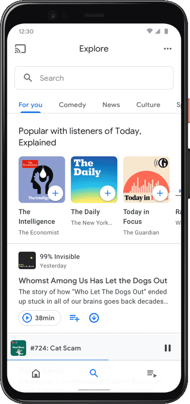 Discover Tab showing podcast recommendations grouped by topic