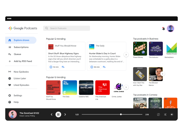 Google Podcasts Web Player on desktop, with category navigation, podcast list, and a now-playing bar